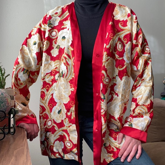 Red & White Roses Silky Robe Blouse VINTAGE - Picture 9 of 9